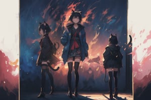 Official Art, Unity 8K Wallpaper, Extreme Detailed, Beautiful and Aesthetic, Masterpiece, Top Quality, perfect anatomy, 

1girl, solo, looking at viewer, short hair, bangs, blue eyes, black hair, thighhighs, long sleeves, dress, animal ears, standing, jacket, tail, full body, boots, black thighhighs, cat ears, black footwear, black dress, cat tail, hand on hip, shadow, pink theme, blue jacket, flames, indigo background, 

a beautifully drawn (((ink illustration))) depicting, vintage, purple and yellow accents, watercolor painting, concept art, (best illustration), (best shadow), Analog Color Theme, vivid colours, contrast, smooth, sharp focus, scenery, 

(Pencil_Sketch:1.2,masterpiece, midjourney, best quality, incredibly absurdres, messy lines,high detail eyes,More Detail,perfect light,portrait, ,more detail XL,Ukiyo-e, ,ink