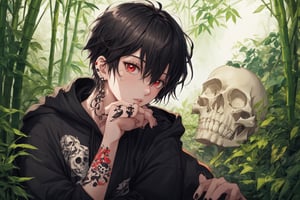 Official Art, Unity 8K Wallpaper, Extreme Detailed, Beautiful and Aesthetic, Masterpiece, Top Quality, perfect anatomy, 

solo, looking at viewer, short hair, black hair, red eyes, 1boy, hair between eyes, jewelry, male focus, earrings, parted lips, hood, cup, fingernails, hoodie, tattoo, piercing, hood down, ear piercing, black nails, skull, head rest, arm tattoo, black hoodie, neck tattoo, lip piercing, multiple piercings, hand tattoo, green bamboo forest, fallen leaves, 
a beautifully drawn (((ink illustration))) depicting, vintage, BROWN and YELLOW accents, watercolor painting, concept art, (best illustration), (best shadow), Analog Color Theme, vivid colours, contrast, smooth, sharp focus, scenery, 

(Pencil_Sketch:1.2,masterpiece, midjourney, best quality, incredibly absurdres, messy lines,high detail eyes,More Detail,perfect light,portrait, ,more detail XL, 