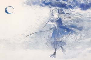 Official Art, Unity 8K Wallpaper, Extreme Detailed, Beautiful and Aesthetic, Masterpiece, Top Quality, perfect anatomy, 

1girl, solo, long hair, bangs, blonde hair, dress, bow, ribbon, holding, jewelry, standing, full body, closed eyes, pantyhose, frills, shoes, blunt bangs, star \(symbol\), blue dress, umbrella, moon, frilled dress, crescent, star \(sky\), lolita fashion, holding umbrella, petticoat, crescent moon, bonnet, constellation, blue theme,

a beautifully drawn (((ink illustration))) depicting, vintage, indigo and purple accents, watercolor painting, concept art, (best illustration), (best shadow), Analog Color Theme, vivid colours, contrast, smooth, sharp focus, scenery, 

(Pencil_Sketch:1.2,masterpiece, midjourney, best quality, incredibly absurdres, messy lines,high detail eyes,More Detail,perfect light,portrait, ,more detail XL,Ukiyo-e