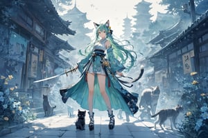 Official Art, Unity 8K Wallpaper, Extreme Detailed, Beautiful and Aesthetic, Masterpiece, Top Quality, perfect anatomy, 

1girl, solo, long hair, looking at viewer, blush, smile, bangs, blue eyes, hair ornament, long sleeves, bow, holding, animal ears, jewelry, closed mouth, standing, tail, full body, weapon, flower, white hair, earrings, japanese clothes, sword, cat ears, hair flower, wide sleeves, kimono, scarf, black footwear, holding weapon, animal ear fluff, bell, animal, cat, tassel, platform footwear, Blue-green theme, 

a beautifully drawn (((ink illustration))) depicting, vintage, PURPLE and YELLOW accents, watercolor painting, concept art, (best illustration), (best shadow), Analog Color Theme, vivid colours, contrast, smooth, sharp focus, scenery, 

(Pencil_Sketch:1.2,masterpiece, midjourney, best quality, incredibly absurdres, messy lines,high detail eyes, 