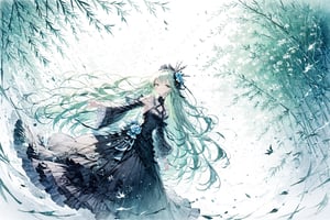 Official Art, Unity 8K Wallpaper, Extreme Detailed, Beautiful and Aesthetic, Masterpiece, Top Quality, perfect anatomy, 

1girl, solo, long hair, bangs, hair ornament, long sleeves, dress, very long hair, flower, frills, hair flower, wide sleeves, blunt bangs, black dress, floral print, absurdly long hair, green theme, green ribbon, bamboo forest, falling leaves

a beautifully drawn (((ink illustration))) depicting, vintage, PURPLE and YELLOW accents, watercolor painting, concept art, (best illustration), (best shadow), Analog Color Theme, vivid colours, contrast, smooth, sharp focus, scenery, 

(Pencil_Sketch:1.2,masterpiece, midjourney, best quality, incredibly absurdres, messy lines,high detail eyes,More Detail,perfect light,portrait, ,more detail XL, 