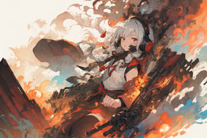 Official Art, Unity 8K Wallpaper, Extreme Detailed, Beautiful and Aesthetic, Masterpiece, Top Quality, perfect anatomy, 

1girl, solo, long hair, red eyes, thighhighs, weapon, braid, white hair, twin braids, gun, glowing, headphones, gatling gun, brown theme, woods, dusty,

a beautifully drawn (((ink illustration))) depicting, vintage, red and green accents, watercolor painting, concept art, (best illustration), (best shadow), Analog Color Theme, vivid colours, contrast, smooth, sharp focus, scenery, 

(Pencil_Sketch:1.2,masterpiece, midjourney, best quality, incredibly absurdres, messy lines,high detail eyes,More Detail,perfect light,portrait, ,more detail XL,Ukiyo-e, ,ink,colorful,samurai