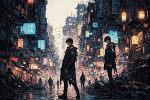 Official Art, Unity 8K Wallpaper, Extreme Detailed, Beautiful and Aesthetic, Masterpiece, Top Quality, perfect anatomy, 

In the bustling neon-lit world of a futuristic digital anime, a chic wild digital detective prowls the virtual streets, his cybernetic enhancements glinting in the artificial light. The detective's sleek black trench coat billows behind him as he navigates the bustling digital city, his sharp eyes scanning for clues amidst the chaos. 

a beautifully drawn (((ink illustration))) depicting, vintage, MAGENTA and Blue-green accents, watercolor painting, concept art, (best illustration), (best shadow), Analog Color Theme, vivid colours, contrast, smooth, sharp focus, scenery, 

(Pencil_Sketch:1.2,masterpiece,midjourney, best quality,incredibly absurdres,high detail eyes