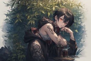 Official Art, Unity 8K Wallpaper, Extreme Detailed, Beautiful and Aesthetic, Masterpiece, Top Quality, perfect anatomy, 

solo, looking at viewer, short hair, black hair, red eyes, 1boy, hair between eyes, jewelry, male focus, earrings, parted lips, hood, cup, fingernails, hoodie, tattoo, piercing, hood down, ear piercing, black nails, skull, head rest, arm tattoo, black hoodie, neck tattoo, lip piercing, multiple piercings, hand tattoo, green bamboo forest, fallen leaves, 
a beautifully drawn (((ink illustration))) depicting, vintage, BROWN and YELLOW accents, watercolor painting, concept art, (best illustration), (best shadow), Analog Color Theme, vivid colours, contrast, smooth, sharp focus, scenery, 

(Pencil_Sketch:1.2,masterpiece, midjourney, best quality, incredibly absurdres, messy lines,high detail eyes,More Detail,perfect light,portrait, ,more detail XL, 