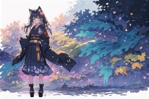 Official Art, Unity 8K Wallpaper, Extreme Detailed, Beautiful and Aesthetic, Masterpiece, Top Quality, perfect anatomy, 

1girl, solo, long hair, looking at viewer, blush, smile, bangs, blue eyes, hair ornament, long sleeves, bow, holding, animal ears, jewelry, closed mouth, standing, tail, full body, weapon, flower, white hair, earrings, japanese clothes, sword, cat ears, hair flower, wide sleeves, kimono, scarf, black footwear, holding weapon, animal ear fluff, bell, animal, cat, tassel, platform footwear, Blue-green theme, 

a beautifully drawn (((ink illustration))) depicting, vintage, PURPLE and YELLOW accents, watercolor painting, concept art, (best illustration), (best shadow), Analog Color Theme, vivid colours, contrast, smooth, sharp focus, scenery, 

(Pencil_Sketch:1.2,masterpiece, midjourney, best quality, incredibly absurdres, messy lines,high detail eyes