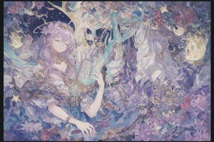 Official Art, Unity 8K Wallpaper, Extreme Detailed, Beautiful and Aesthetic, Masterpiece, Top Quality, perfect anatomy, 

1girl, solo, long hair, bangs, hair ornament, dress, jewelry, closed eyes, upper body, purple hair, flower, earrings, parted lips, hair flower, head tilt, book, eyelashes, makeup, blue theme, halo, white flower, crescent, facing viewer, book stack, hyacinth, star_(sky), 

a beautifully drawn (((ink illustration))) depicting, vintage, PURPLE and YELLOW accents, watercolor painting, concept art, (best illustration), (best shadow), Analog Color Theme, vivid colours, contrast, smooth, sharp focus, scenery, 

(Pencil_Sketch:1.2,masterpiece, midjourney, best quality, incredibly absurdres, messy lines,high detail eyes,More Detail,perfect light,portrait, 