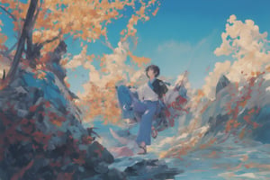 Official Art, Unity 8K Wallpaper, Extreme Detailed, Beautiful and Aesthetic, Masterpiece, Top Quality, perfect anatomy, 

solo, short hair, black hair, 1boy, holding, sitting, male focus, outdoors, japanese clothes, sky, day, pants, clouds, water, blue sky, tattoo, sandals, fish, grey pants, fishing rod, fishing, holding fishing rod, fishing line, blue theme, 

a beautifully drawn (((ink illustration))) depicting, vintage, purple and yellow accents, watercolor painting, concept art, (best illustration), (best shadow), Analog Color Theme, vivid colours, contrast, smooth, sharp focus, scenery, 

(Pencil_Sketch:1.2,masterpiece, midjourney, best quality, incredibly absurdres, messy lines,high detail eyes,More Detail,perfect light,portrait, ,more detail XL,Ukiyo-e, ,ink