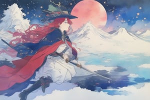 Official Art, Unity 8K Wallpaper, Extreme Detailed, Beautiful and Aesthetic, Masterpiece, Top Quality, perfect anatomy, 

1girl, solo, very long hair, bangs, blue eyes, skirt, indigo vest, long sleeves, hat, red hair, cape, hair over one eye, fur trim, indigo headwear, heterochromia, red cloak, fur-trimmed cloak, white shirt, boots, white pants, chinese clothes, bird, Tula Province, Russian Empire,
Source of life, sparkling stars, water feeder, aquatic tune, ginger, ice water, geranium, oak, impurity glass bottle, tweed cloak, Claret homemade equestrian skirt, Plateau lakes, snow mountains

a beautifully drawn (((ink illustration))) depicting, vintage, Claret and navy blue accents, watercolor painting, concept art, (best illustration), (best shadow), Analog Color Theme, vivid colours, contrast, smooth, sharp focus, scenery, 

(Pencil_Sketch:1.2,masterpiece, midjourney, best quality, incredibly absurdres, messy lines,high detail eyes,More Detail,perfect light,portrait, ,more detail XL,Ukiyo-e, ,ink,colorful,samurai