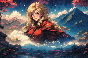 Official Art, Unity 8K Wallpaper, Extreme Detailed, Beautiful and Aesthetic, Masterpiece, Top Quality, perfect anatomy, 

1girl, solo, blonde hair, weapon, red cape, armor, polearm, spear, dandelion, bubbles, outdoors, sky, day, clouds, forest, mountain, waterfall, landscape, lake, twlight, Temple behind, 

a beautifully drawn (((ink illustration))) depicting, vintage, PURPLE and magenta accents, watercolor painting, concept art, (best illustration), (best shadow), Analog Color Theme, vivid colours, contrast, smooth, sharp focus, scenery, 

(Pencil_Sketch:1.2,masterpiece,midjourney, best quality,