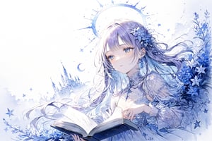 Official Art, Unity 8K Wallpaper, Extreme Detailed, Beautiful and Aesthetic, Masterpiece, Top Quality, perfect anatomy, 

1girl, solo, long hair, bangs, hair ornament, dress, jewelry, closed eyes, upper body, purple hair, flower, earrings, parted lips, hair flower, head tilt, book, eyelashes, makeup, blue theme, halo, white flower, crescent, facing viewer, book stack, hyacinth, star_(sky), 

a beautifully drawn (((ink illustration))) depicting, vintage, PURPLE and YELLOW accents, watercolor painting, concept art, (best illustration), (best shadow), Analog Color Theme, vivid colours, contrast, smooth, sharp focus, scenery, 

(Pencil_Sketch:1.2,masterpiece, midjourney, best quality, incredibly absurdres, messy lines,high detail eyes,More Detail,perfect light,portrait, 