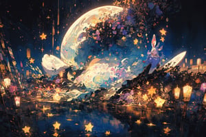 Official Art, Unity 8K Wallpaper, Extreme Detailed, Beautiful and Aesthetic, Masterpiece, Top Quality, perfect anatomy, 

no human, jewelry, flowers, sky, star \(symbol\),  sparkle, night, rose, leaf, moon, crescent, gem, star \(sky\), starry sky, rabbit, crystal, animal focus, gold, blue gemstone, constellation, 

a beautifully drawn (((ink illustration))) depicting, vintage, PURPLE and YELLOW accents, watercolor painting, concept art, (best illustration), (best shadow), Analog Color Theme, vivid colours, contrast, smooth, sharp focus, scenery, 

(Pencil_Sketch:1.2,masterpiece, midjourney, best quality, incredibly absurdres, messy lines,high detail eyes