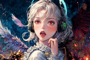 Official Art, Unity 8K Wallpaper, Extreme Detailed, Beautiful and Aesthetic, Masterpiece, Top Quality, perfect anatomy, 

1girl, solo, looking at viewer, short hair, red eyes, long sleeves, dress, white hair, frills, wings, white dress, from side, headphones, halo, black wings, angel, gears, magenta theme, night, lightning, thunder, bats, 

a beautifully drawn (((ink illustration))) depicting, vintage, INDIGO and YELLOW accents, watercolor painting, concept art, (best illustration), (best shadow), Analog Color Theme, vivid colours, contrast, smooth, sharp focus, scenery, 

(Pencil_Sketch:1.2,masterpiece, midjourney, best quality, incredibly absurdres, messy lines,high detail eyes,More Detail,perfect light,portrait, 