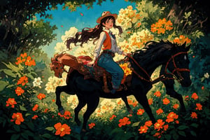 Official Art, Unity 8K Wallpaper, Extreme Detailed, Beautiful and Aesthetic, Masterpiece, Top Quality, perfect anatomy, 

1girl, solo, long hair, brown hair, hat, twintails, weapon, belt, pants, vest, gun, denim, handgun, cigarette, cowboy hat, revolver, cowboy western, flower, sky, cloud, book, petals, red flower, ground vehicle, yellow flower, orange flower, Kentucky, USA, horsehair, horse, galloping, fruity notes, apple, caramel, gold leaf, rattling wheels, fragrant paint, carrot-colored saddle,

a beautifully drawn (((ink illustration))) depicting, vintage, PURPLE and YELLOW accents, watercolor painting, concept art, (best illustration), (best shadow), Analog Color Theme, vivid colours, contrast, smooth, sharp focus, scenery, 

(Pencil_Sketch:1.2,masterpiece, midjourney, best quality, incredibly absurdres, messy lines,high detail eyes