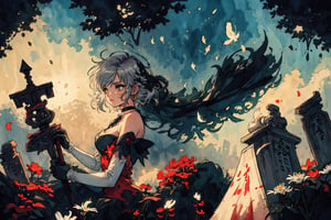a beautifully drawn (((sumi-e ink illustration))) depicting, integrating elements of calligraphy, Official Art, Unity 8K Wallpaper, Extreme Detailed, Beautiful and Aesthetic, Masterpiece, Top Quality, perfect anatomy, 1girl, solo, short hair, bare shoulders, jewelry, medium breasts, white hair, outdoors, sleeveless, choker, black gloves, elbow gloves, black dress, spider lily, petals, red dress, long dress, holding scythe, vintage, yellow and GREEN accents, watercolor painting, concept art, silver leaf art, (best illustration), (best shadow), Analog Color Theme, vivid colours, contrast, smooth, sharp focus, twilight, cemetery, Dusty,(Pencil_Sketch:1.2,masterpiece