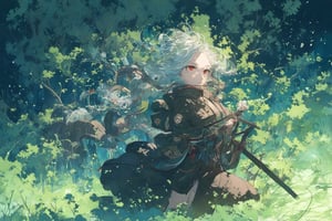 Official Art, Unity 8K Wallpaper, Extreme Detailed, Beautiful and Aesthetic, Masterpiece, Top Quality, perfect anatomy, 

1girl, solo, long hair, red eyes, thighhighs, weapon, braid, white hair, twin braids, gun, glowing, headphones, gatling gun, brown theme, woods, dusty,

a beautifully drawn (((ink illustration))) depicting, vintage, brown and green accents, watercolor painting, concept art, (best illustration), (best shadow), Analog Color Theme, vivid colours, contrast, smooth, sharp focus, scenery, 

(Pencil_Sketch:1.2,masterpiece, midjourney, best quality, incredibly absurdres, messy lines,high detail eyes,More Detail,perfect light,portrait, ,more detail XL,Ukiyo-e, ,ink,colorful,