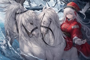 Official Art, Unity 8K Wallpaper, Extreme Detailed, Beautiful and Aesthetic, Masterpiece, Top Quality, perfect anatomy, 

1girl, solo, very long hair, bangs, blue eyes, skirt, indigo vest, long sleeves, hat, red hair, cape, hair over one eye, fur trim, indigo headwear, heterochromia, red cloak, fur-trimmed cloak, white shirt, boots, white pants, chinese clothes, bird, Tula Province, Russian Empire,
Source of life, sparkling stars, water feeder, aquatic tune, ginger, ice water, geranium, oak, impurity glass bottle, tweed cloak, Claret homemade equestrian skirt, Plateau lakes, snow mountains

a beautifully drawn (((ink illustration))) depicting, vintage, Claret and navy blue accents, watercolor painting, concept art, (best illustration), (best shadow), Analog Color Theme, vivid colours, contrast, smooth, sharp focus, scenery, 

(Pencil_Sketch:1.2,masterpiece, midjourney, best quality, incredibly absurdres, messy lines,high detail eyes,More Detail,perfect light,portrait, ,more detail XL,Ukiyo-e, ,ink,colorful,samurai