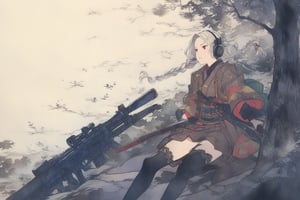 Official Art, Unity 8K Wallpaper, Extreme Detailed, Beautiful and Aesthetic, Masterpiece, Top Quality, perfect anatomy, 

1girl, solo, long hair, red eyes, thighhighs, weapon, braid, white hair, twin braids, gun, glowing, headphones, gatling gun, brown theme, woods, dusty,

a beautifully drawn (((ink illustration))) depicting, vintage, brown and green accents, watercolor painting, concept art, (best illustration), (best shadow), Analog Color Theme, vivid colours, contrast, smooth, sharp focus, scenery, 

(Pencil_Sketch:1.2,masterpiece, midjourney, best quality, incredibly absurdres, messy lines,high detail eyes,More Detail,perfect light,portrait, ,more detail XL,Ukiyo-e, ,ink,colorful,samurai