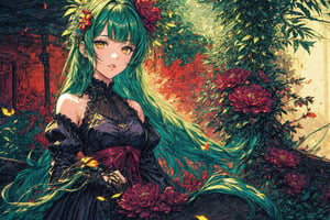 Official Art, Unity 8K Wallpaper, Extreme Detailed, Beautiful and Aesthetic, Masterpiece, Top Quality, perfect anatomy, 

1girl, solo, long hair, bangs, hair ornament, long sleeves, dress, very long hair, flower, frills, hair flower, wide sleeves, blunt bangs, black dress, floral print, absurdly long hair, green theme, green ribbon, bamboo forest, falling leaves

a beautifully drawn (((ink illustration))) depicting, vintage, PURPLE and YELLOW accents, watercolor painting, concept art, (best illustration), (best shadow), Analog Color Theme, vivid colours, contrast, smooth, sharp focus, scenery, 

(Pencil_Sketch:1.2,masterpiece, midjourney, best quality, incredibly absurdres, messy lines,high detail eyes,More Detail,perfect light,portrait, 