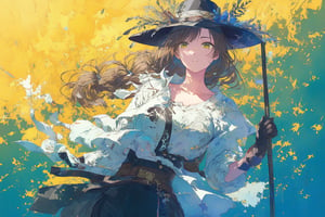 Official Art, Unity 8K Wallpaper, Extreme Detailed, Beautiful and Aesthetic, Masterpiece, Top Quality, perfect anatomy, 

1girl, solo, long hair, brown hair, shirt, gloves, holding, hair between eyes, standing, collarbone, yellow eyes, white shirt, belt, pants, single braid, black headwear, black pants, hair over shoulder, shirt tucked in, fake facial hair, fake mustache, Los Angeles, film stock, tracery, leather tones, cinnamon, cocoa nut, vanilla, amber, tolu balsam, notched fedora, bamboo cane, olive green cotton headband, stuntman,

a beautifully drawn (((ink illustration))) depicting, vintage, brown and green accents, watercolor painting, concept art, (best illustration), (best shadow), Analog Color Theme, vivid colours, contrast, smooth, sharp focus, scenery, 

(Pencil_Sketch:1.2,masterpiece, midjourney, best quality, incredibly absurdres, messy lines,high detail eyes,More Detail,perfect light,portrait, ,more detail XL,Ukiyo-e, ,ink,colorful,