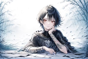 Official Art, Unity 8K Wallpaper, Extreme Detailed, Beautiful and Aesthetic, Masterpiece, Top Quality, perfect anatomy, 

solo, looking at viewer, short hair, black hair, red eyes, 1boy, hair between eyes, jewelry, male focus, earrings, parted lips, hood, cup, fingernails, hoodie, tattoo, piercing, hood down, ear piercing, black nails, skull, head rest, arm tattoo, black hoodie, neck tattoo, lip piercing, multiple piercings, hand tattoo, green bamboo forest, fallen leaves, green theme, 

a beautifully drawn (((ink illustration))) depicting, vintage, BROWN and YELLOW accents, watercolor painting, concept art, (best illustration), (best shadow), Analog Color Theme, vivid colours, contrast, smooth, sharp focus, scenery, 

(Pencil_Sketch:1.2,masterpiece, midjourney, best quality, incredibly absurdres, messy lines,high detail eyes,More Detail,perfect light,portrait, ,more detail XL, 