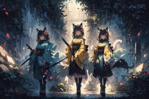 Official Art, Unity 8K Wallpaper, Extreme Detailed, Beautiful and Aesthetic, Masterpiece, Top Quality, perfect anatomy, 

1girl, solo, long hair, looking at viewer, blush, smile, bangs, blue eyes, hair ornament, long sleeves, bow, holding, animal ears, jewelry, closed mouth, standing, tail, full body, weapon, flower, white hair, earrings, japanese clothes, sword, cat ears, hair flower, wide sleeves, kimono, scarf, black footwear, holding weapon, animal ear fluff, bell, animal, cat, tassel, platform footwear, Blue-green petals, 

a beautifully drawn (((ink illustration))) depicting, vintage, PURPLE and YELLOW accents, watercolor painting, concept art, (best illustration), (best shadow), Analog Color Theme, vivid colours, contrast, smooth, sharp focus, scenery, 

(Pencil_Sketch:1.2,masterpiece, midjourney, best quality, incredibly absurdres, messy lines,high detail eyes