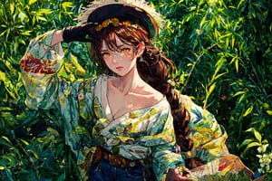 Official Art, Unity 8K Wallpaper, Extreme Detailed, Beautiful and Aesthetic, Masterpiece, Top Quality, perfect anatomy, 

1girl, solo, long hair, brown hair, shirt, gloves, holding, hair between eyes, standing, collarbone, yellow eyes, white shirt, belt, pants, single braid, black headwear, black pants, hair over shoulder, shirt tucked in, fake facial hair, fake mustache, Los Angeles, film stock, tracery, leather tones, cinnamon, cocoa nut, vanilla, amber, tolu balsam, notched fedora, bamboo cane, olive green cotton headband, stuntman,

a beautifully drawn (((ink illustration))) depicting, vintage, brown and green accents, watercolor painting, concept art, (best illustration), (best shadow), Analog Color Theme, vivid colours, contrast, smooth, sharp focus, scenery, 

(Pencil_Sketch:1.2,masterpiece, midjourney, best quality, incredibly absurdres, messy lines,high detail eyes,More Detail,perfect light,portrait, ,more detail XL,Ukiyo-e, ,ink,colorful,