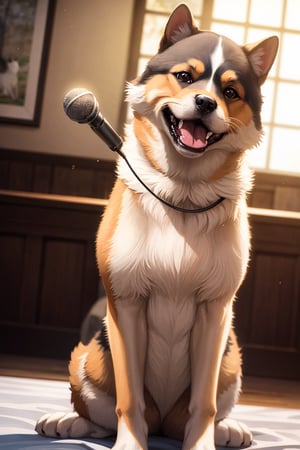 photo realistic, photo realistic, 1 dogs, shiba inu, singing, microphone, wedding reception,
masterpiece, best quality,