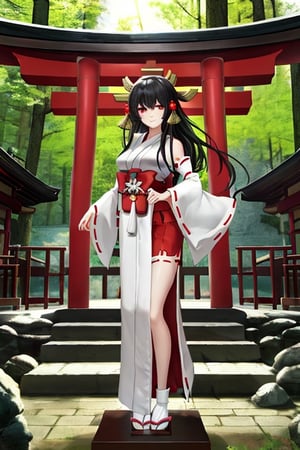 (masterpiece best quality, 8K), (Highest quality 8K), unreal engine, novel illustration, Solo, hair_Bland_Eyes, Medium_breasts, ((full body)), cute, smlie, (medium breasts), bangs, straight hair, long hair, black hair, ((nontraditional miko, Shrine Maiden)), very_long_hair, ((full body)), Bangs, Red_Eyes, Black_hair, Open_Jacket, bow ribbon, arm band,jinzya, shrine, tree, stone lantern, scenery, outdoors, statue, architecture, day, shimenawa, real world location, shide, nature, ((midnight)), Bloom light, 80mm,  nice hands, perfect hands,