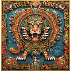 Quetzalcoatl in Quantum Folk Art
style, featuring tiger
traditional motifs influenced by quantum
mechanics