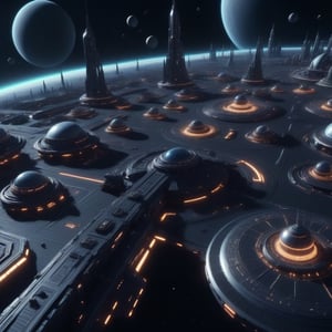 Zoom out of busy intergalactic space port in starry black space, realistic, sci-fi, 8K