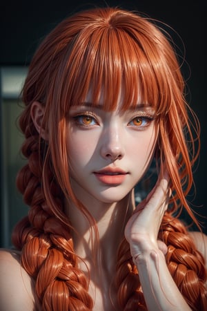  full body,   high quality,  masterpiece,  ultra-high resolution,  looking at viewers,  real glossy skin textures,  realistic eyes and face details,  naked body,  heavy makeup,  red hair, braid with bangs,  orange eyes,  nature background,  detailed eyes,  perfect hands,  perfect feet,  hdr,  4k,  8k,  ultra HD