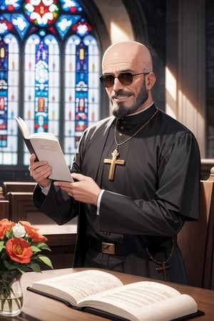 absurdres, absolutely resolution, incredibly absurdres, highres, ultra detailed, official art, unity 8k wallpaper,
BREAK
(1 man:1.2), 50 yo, old man, (Baldness:1.2), (black beard:1.2), round sunglasses, macho, priest, smile,
BREAK
holding book,
BREAK
church, Stained glass, flower, wedding, bridal veil,