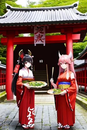 4 dragon Miko girls transmitted to Japan in a shrine maiden costume and They are making osechi dishes in the precincts of the shrine.