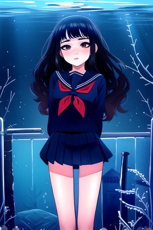 masterpiece, best quality, (solo:1.1), 1girl ,looking at viewer,in red and black style,( arms behind back :1.3),fish, stairs, scenery, solo, skirt, railing, black hair,  underworld, like aquarium, school uniform, long wavy hair, underwater, serafuku, wide shot, jellyfish, pleated skirt, bubble, coral, underworld,watercolor,shaonv,kawaiitech,Underwater world,