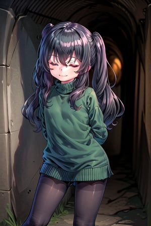 masterpiece, best quality, solo, 1girl, (arms behind back:1.1),loli,dark tunnel,looking at viewer,long_hair,  black_hair, closed_eyes,green sweater,smile, black_pantyhose, sleeves_past_wrists,  turtleneck, closed_mouth, bangs, long_sleeves