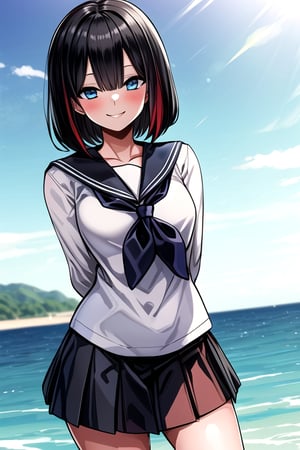 masterpiece, best quality, (solo:1.3),1girl sailor suite,skirt, beautiful detailed water, arms_behind_back,,black_hair,looking_at_viewer,seductive smile,(hair over eyes:1.3), 