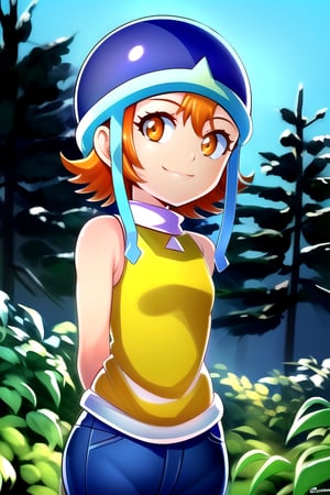 masterpiece, best quality, (solo:1.3), 1girl , arms behind back,looking_at_viewer, orange_hair, smile,SoraDef, orange eyes, sleeveless, shirt, jeans, helmet, short hair,yellow shirt,loli,blue forest background,