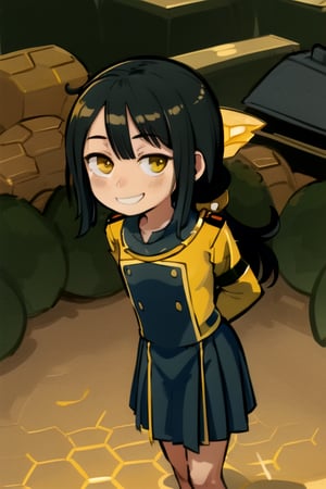 masterpiece, best quality, (solo:1.1), 1girl ,looking at viewer,in yellow and black style,( arms behind back :1.3),(loli:1.3),black hair, factory background,(fusion of honeycomb and military dress:1.2),smile,scenery,architecture, deep cityscape, overgrown,from above