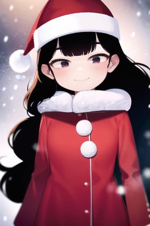 masterpiece, best quality,face focus,girl ,(red dress, jacket, snow),skirt,very long hair, black hair, curly_hair,christmas_hat,christmas style,smile