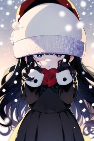 masterpiece, best quality,face focus,girl ,(black dress, jacket, snow),skirt,very long hair, black hair, curly_hair,christmas_hat,christmas style