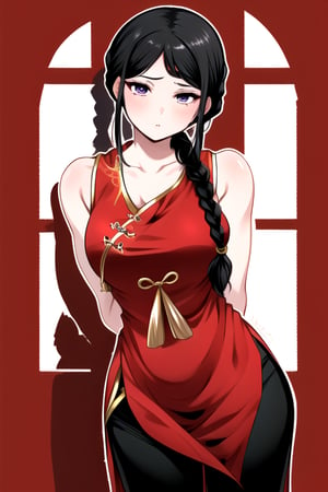 masterpiece, best quality, (solo:1.1), 1girl ,looking at viewer,(arms behind back :1.3),  collarbone,sleeveless dress, , red chinese dress,black long pants, black hair,curvy,black obi,(single braid:1.3),wind_chime theme