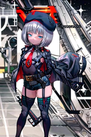 masterpiece, best quality, solo, 1girl, (arms behind back:1.1),loli,dark tunnel,looking at viewer, vesti (nikke),red necktie,black bodysuit, black thighhighs, cape, long sleeves, beret, black shorts,belt