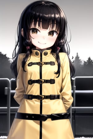 masterpiece, best quality, (solo:1.3), 1girl ,in yellow and black style,dusk,( arms behind back , :1.3),(loli:1.3),train station,black hair, long hair,bee pattern oversized coat,open coat ,belt,smile,lab background