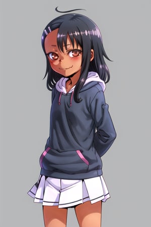 masterpiece, best quality, (solo:1.3), 1girl , arms behind back,looking_at_viewer,(loli:1.3),dusk,lake,black hoodie,black hair,dark skin, hairclip, brown eyes, hairclip,nagatoro hayase,cute_fang,smile,