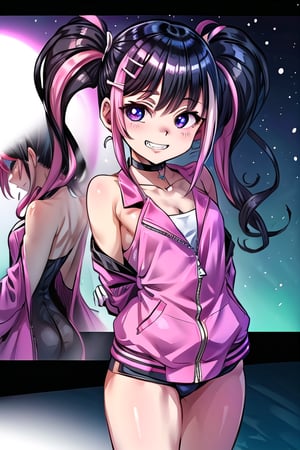 masterpiece, best quality,solo, cosplay, 1girl, black  hair,hair clip, little girl,loli,mesugaki,looking at viewer,grin,in dark hole, arms behind back ,choker,off_shoulders,pink  streaked hair, twin_tails,collared_suit,blue open_track_jacket