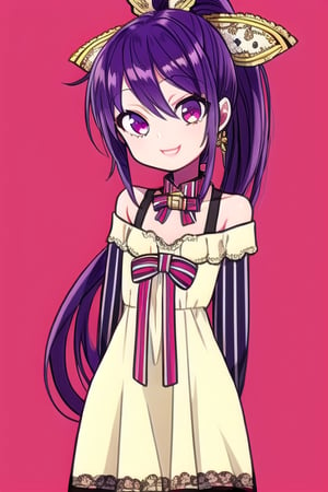 masterpiece, best quality, (solo:1.3), 1girl , arms behind back,looking_at_viewer,loli,mini_girl,purple_hair,long_sleeves,long_ponytail,smile,sleeveless dress, whitedress, flat chest,hair_ornament, bowtie, collar, off_shoulder, lace, striped, 