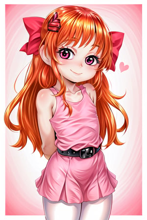 masterpiece, best quality,solo,1girl, looking at viewer, (arms behind back:1.3),(blossom),loli,little girl,pink dress,white stockings,smile,long_hair,black belt,sleeveless,orange_hair,flat_chest,pink eyes,collarbones,blunt_bangs,red bow on head,curvy,straight hair, 