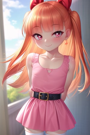 masterpiece, best quality,solo,1girl, looking at viewer, (arms behind back:1.3),(blossom),loli,little girl,pink dress,white stockings,smile,long_hair,black belt,sleeveless,orange_hair,flat_chest,pink eyes,collarbones,blunt_bangs,red bow on head,curvy,straight hair, 