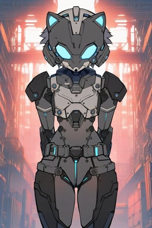 masterpiece, best quality,1girl, (solo:1.3), in gray and  black  style,looking_at_viewer,(hedgehog mask:1.1),mechanical suit,belt,bilateral symmetry, factory background,arms behind back  ,(loli :1.2)