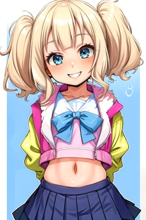 masterpiece, best quality,solo,1girl, looking at viewer, arms behind back, black crop top ,open jacket,  blue skirt,mesugaki, (loli:1.3),smile,twintails,blonde hair, bubbles background